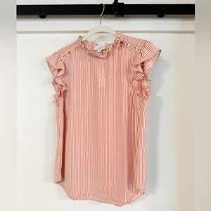 Loft Ruffle-Sleeve Mockneck Blouse, Red & White Stripes, NWT, Small